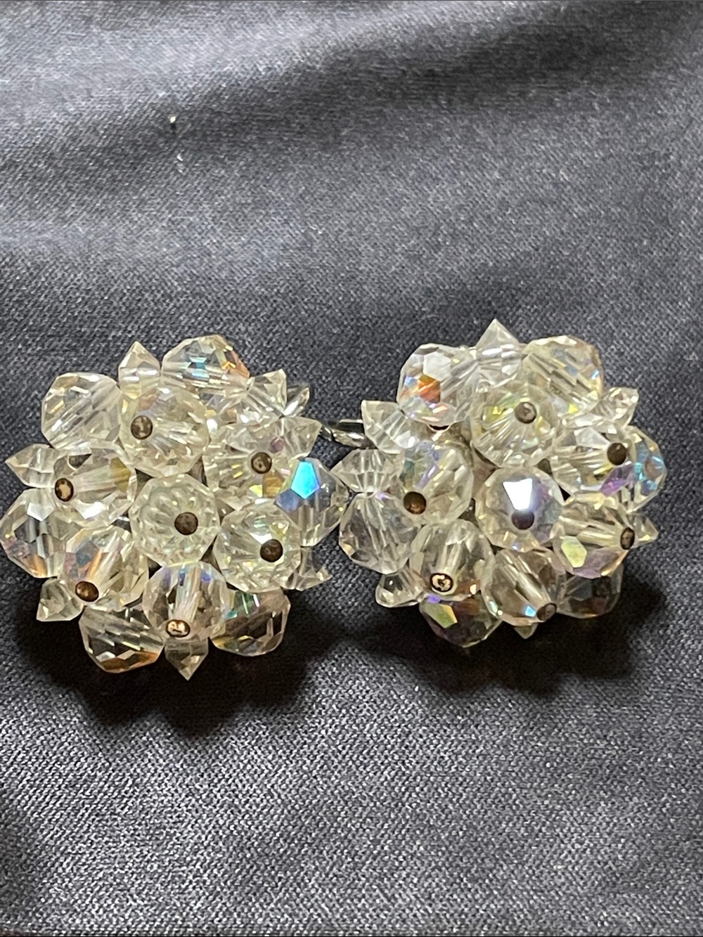 Crystal Cluster Button Earrings - Clear Aurora Borealis